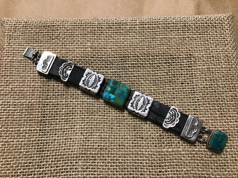 Bracelet,Leather with Turquoise and Sterling Conchos