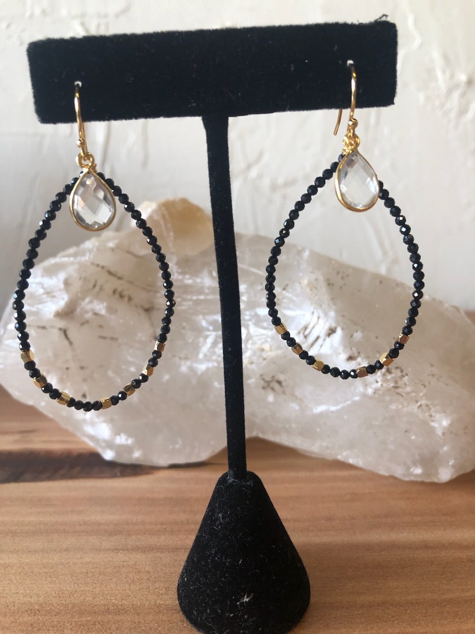Gemstone teardrop hoops with Quartz dangle