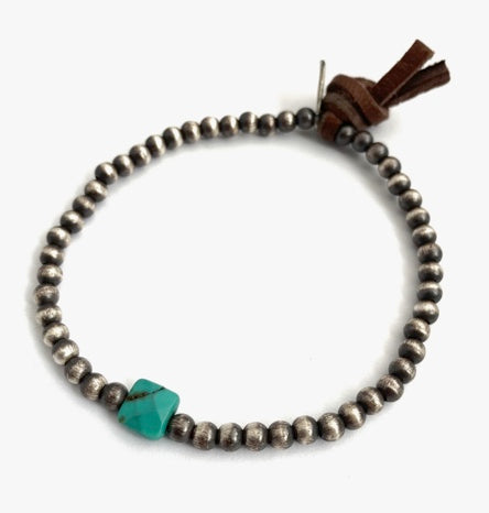 Sterling Silver Bead Bracelet with Turquoise and Leather