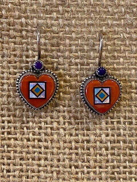 Earring Red Coral Hearts/ W Sugelite