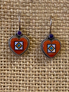 Earring Red Coral Hearts/ W Sugelite